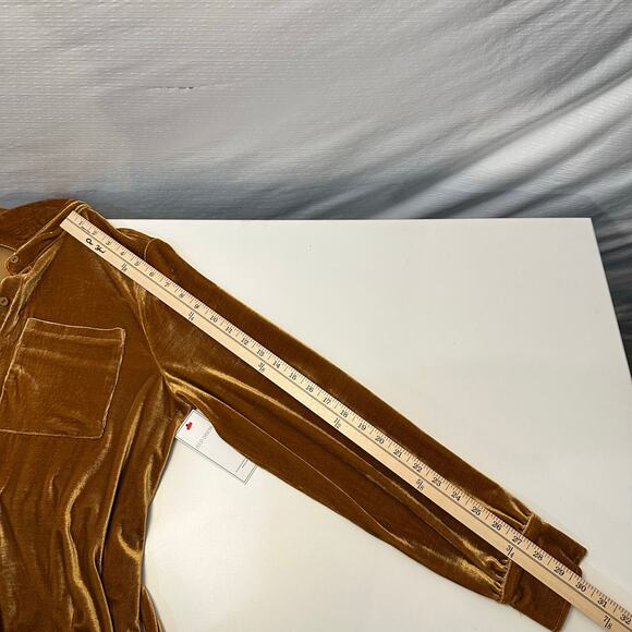 AURA Crushed Velvet Midi Shirt Dress Size S Belted Long Sleeve Honey Romantic - Picture 13 of 13